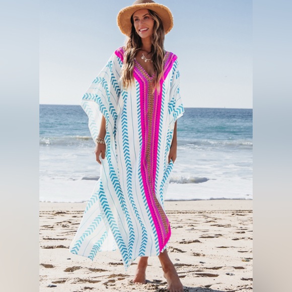 Hot Pink, Blue & White‎ Wavy Chevron Pattern Striped Sun Dress/ Coverup Size XL - Picture 1 of 2